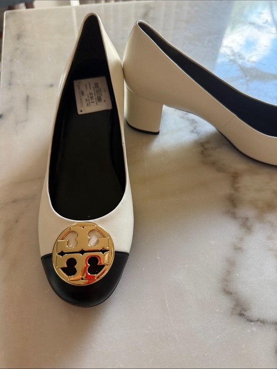 Tory Burch Shoes - Tory Burch Chelsea White and Black Two-Tone Block Heel Pumps with Gold Logo